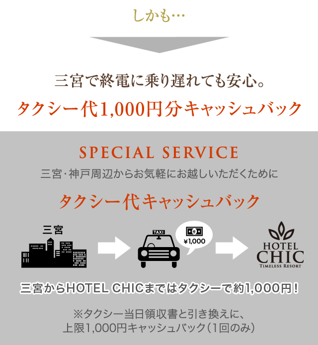 三宮で終電に乗り遅れても安心。タクシー代1,000円分キャッシュバック